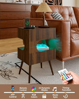 JOONEE Nightstand with Charging Station and LED Lights,Modern Bedside Table with 2 Storage Drawer,Night Stand with Solid Wood Legs,White (Walnut Brown) JOONEE