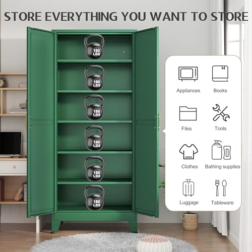 GAIOUS 75.2" Tall Kitchen Food Pantry, Pantry Cabinet with 2 Door and 5 Adjustable Shelves, Green Laundry Room Cabinets, Freestanding Pantry for Kitchen, Study Room, Dining Room and Entryway GAIOUS