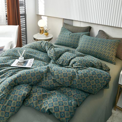 VM VOUGEMARKET Linen Cotton Duvet Cover Queen,3 Pcs Yarn-Dyed Textured Duvet Cover Set Green Flower Geometric Bedding Set,Ultra Soft and Breathable Comforter Cover Set VM VOUGEMARKET