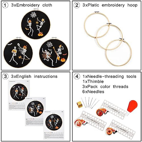 Halloween Embroidery Kit for Adult Beginner, Stamped Cross Stitch Kit for Beginner Adult, Funny Gothic Embroidery Starter Kit with Pattern Needlepoint Kit, 3 Embroidery Hoop and Fabric, Needle, Thread Armindou