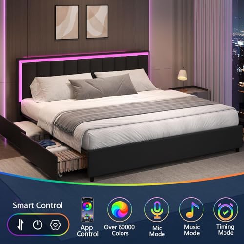 IMMERSTABLE King Size Bed Frame with 4 Storage Drawers, Upholstered Bed Frames with Headboard, RGB LED Lights, Heavy Duty Metal and Wood Slat Support, No Box Spring Needed, Easy Assembly, Black IMMERSTABLE