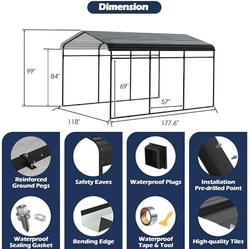 Xilingol Metal Carport, Heavy Duty Carport Canopy with Galvanized Steel Frame and Roof, Outdoor Storage Shed, Car Tent Garage Shelter for Pickup, Truck, Boat and Tractor (10x15 FT Black) Xilingol