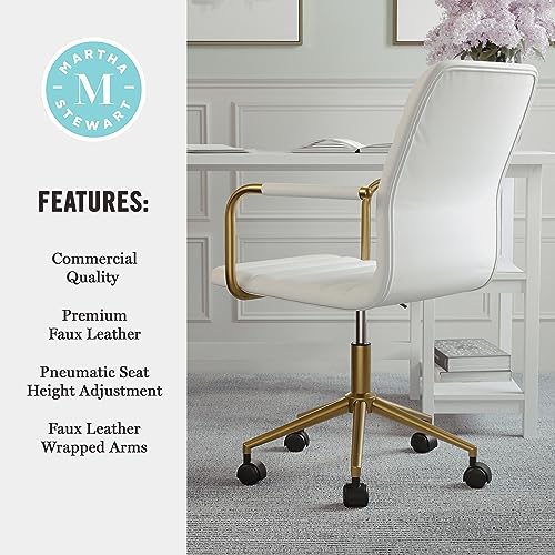 Martha Stewart Taytum Swivel Task Chair with Armrests for Home Office in White Faux Leather with Polished Brass Frame Martha Stewart