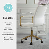 Martha Stewart Taytum Swivel Task Chair with Armrests for Home Office in White Faux Leather with Polished Brass Frame Martha Stewart