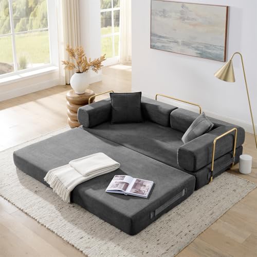 4-in-1 Folding Convertible Sofa Bed, 78 Inch Boneless Couch with Fixed-Shape Frame, Corduroy Loveseat Sleeper with Pull Out Bed, Floor Sofa Modular Futon Couch for Living Room Bedroom Lounge (Grey) ivoros