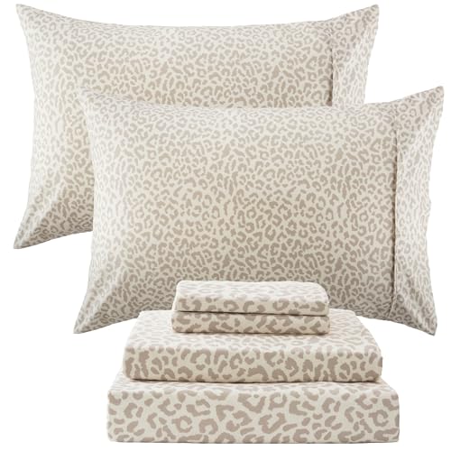 Drozeeo King Leopard Print Sheets, Cheetah Pattern King Size Sheet Set with Elastic Corner Straps, Soft Microfiber Animal Bedsheet, Beige Drozeeo