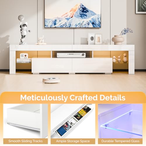 VINGLI LED TV Stand, 71'' Modern Entertainment Center with LED Lights and Storage for 65/70/75/85 Inch TV (White, 71'' x 14'' x 18'') VINGLI