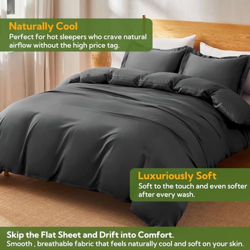 MR&HM Silky Cooling Duvet Cover King for Hot Sleepers 106"x90", Breathable & Moisture-Wicking Comforter Cover, 3 Pieces Ultra-Soft Bedding Duvet Cover Set with Zipper Closure (Dark Grey) MR&HM