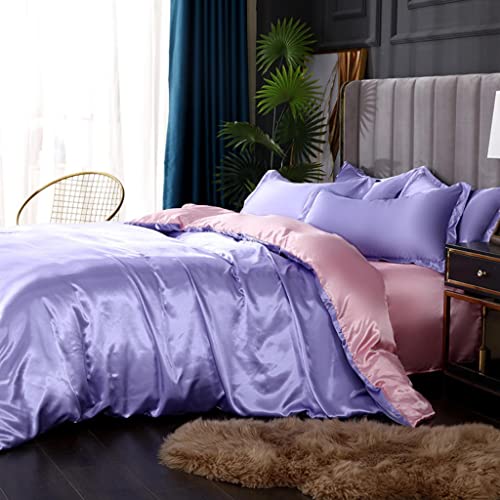 Feelyou Reversible Purple Pink Silk Like Satin Bedding Set Twin Duvet Cover Set Luxury Soft Comforter Cover Bedroom Decor Chic Luxurious Silky Bedspread Cover Zipper (1 Duvet Cover + 1 Pillow Case) Feelyou