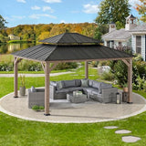 Sunjoy 13 x 15 ft. Wood Gazebo, Outdoor Patio Steel Hardtop Gazebo, Cedar Framed Wooden Gazebo with 2-Tier Metal Roof, Suitable for Patios, Lawn and Backyard, Dark Brown Roof + Dark Wood Frame Sunjoy