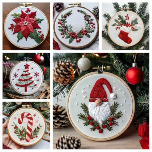 Christmas Embroidery Kit DIY Hand Embroidery Starter Cross Stitch Kits, Christmas Ornaments Embroidery with Stamped Pattern,Cotton,Threads,Needles,Instructions for Adults Beginners (Wreath)