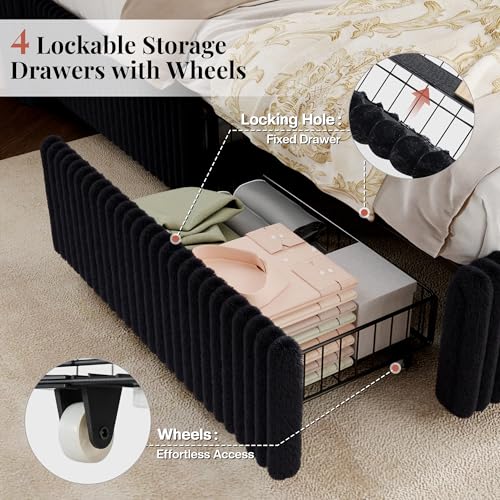 Jocisland King Size Corduroy Upholstered Bed Frame with 4 Storage Drawers & 51.2" Tall Wingback Headboard, LED Bed with Charging Station, No Box Spring Needed, Dark Jocisland
