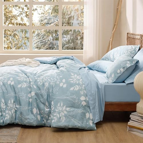 Bedsure Sky Blue Queen Comforter Set - 7 Pieces Floral Bedding Sets, Queen Bed in a Bag with Reversible Botanical Flowers Comforter, Sheets, Pillowcases & Shams Bedsure
