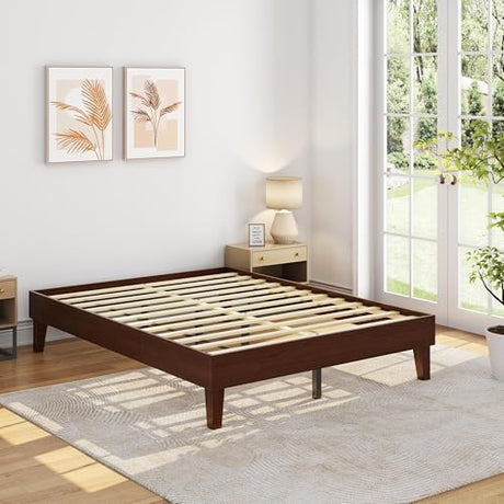 Yaheetech Queen Bed Frame Natural Solid Wood Platform Bed with Wooden Slats Support, 7.3-inch Underbed Space for Storage, Noise-Free Design, Easy Assembly, Dark Walnut Finish Yaheetech