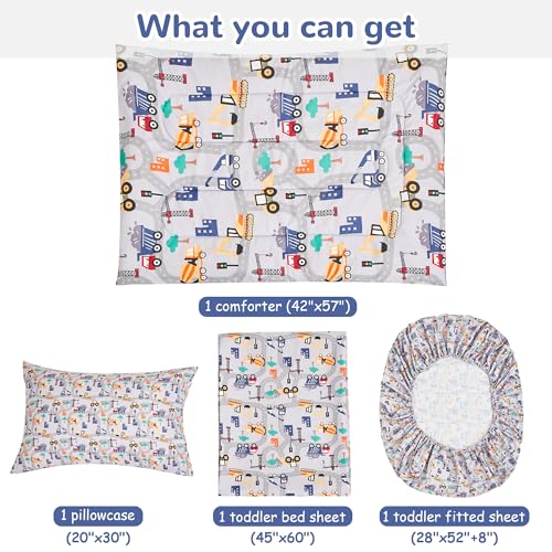 lasoftan Construction Toddler Bedding Set for Boys, 4 Piece Bed-in-a-Bag Toddler Comforter Sets, Excavator, Cars Printed, Super Soft and Comfortable Microfiber Todeeler Bed Set lasoftan