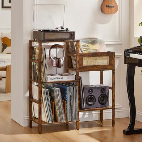 LELELINKY Record Player Stand, Vintage Brown Wood Record Holder with Vinyl Storage Holds up to 300+ Albums, 3-Tier Rattan Media Table with Vinyl Display Shelf, Record Storage Cabinet for Living Room LELELINKY