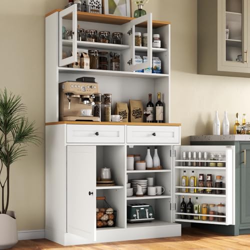 Tall Pantry Cabinet, Modern Kitchen Hutch with Microwave Stand, Kitchen Pantry Storage Cabinet with 2 Darwers & Door Shelf, Food Pantry with Glass Doors & Adjustable Shelves for Dining Room, White Gyfimoie