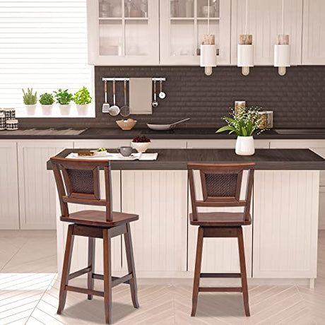COSTWAY 24.5 Inch Rattan Back Bar Stools Set of 2 with 360° Swivel and Comfortable Footrests COSTWAY