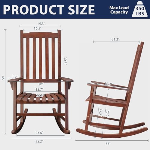 PrimeZone Oversized Outdoor Rocking Chair Set of 2, High Back Acacia Wood Patio Chairs, Weather Resistant Porch Rocker for Adult, Heavy Duty Wooden Rockers for Garden, Backyard, Lawn, Indoor, Brown