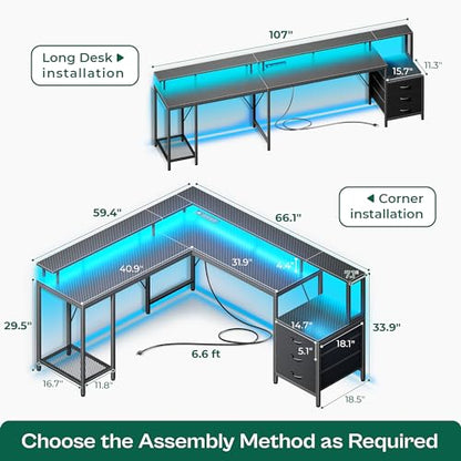 Huuger L Shaped Gaming Desk with LED Lights and Power Outlets, Computer Desk with Drawers, 66.1 Inches Corner Desk, Home Office Desk with Printer Stand, Large Storage Space, Carbon Fiber Blac - WoodArtSupply