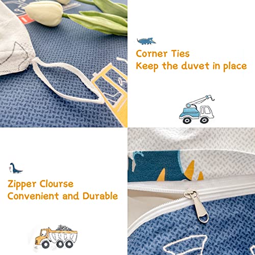 Dinosaur Kids Duvet Cover Set Twin, 100% Cotton Dino Truck Car Bedding Set for Boys Girls Toddler, 2 Pieces Reversible Dinosaur Comforter Cover Set (1 Duvet Cover+1 Pillowcase) DJY