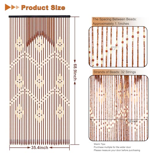 DouSeiAi Natural Wood and Bamboo Beaded Curtain Room Divider, 32 Strands Hanging Doorway Decor for Bedroom, Porch, Living Room, 35 x 69 Inches DouSeiAi