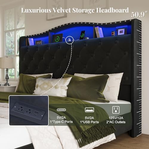 Belffin Queen Size Bed Frame and Headboard, 50.9" Velvet Upholstered Wingback Bedframe with LED Lights & Storage/Charging Station, Button Tufted Tall Footboard, No Box Spring Needed, Noise-Free, Black Belffin