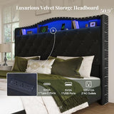Belffin Queen Size Bed Frame and Headboard, 50.9" Velvet Upholstered Wingback Bedframe with LED Lights & Storage/Charging Station, Button Tufted Tall Footboard, No Box Spring Needed, Noise-Free, Black Belffin