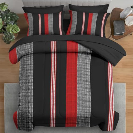 Pamnest Comforter Set Full Size, Red Black Vintage 7 Pcs Bedding for Kids and Adults, Geometric Striped Abstract Bed Sheet Sets with Fitted Sheet 2 Pillowcases & 2 Shams for Bedroom Bed Decor Pamnest