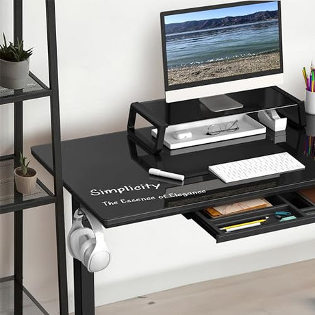 SHW 48x24 Glass Electric Height Adjustable Standing Desk – Motorized Sit Stand Desk with Monitor Riser, Pull-Out Drawer, Memory Presets, Black SHW