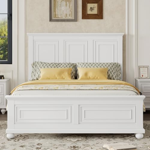 Duxelifin King Size Platform Beds for Bedroom, Tall Headboard King Bed Frame with Footboard, Pinewood Antique Bed Frame, Farmhouse Style, Noise-Free, No Box Spring Needed, White Duxelifin