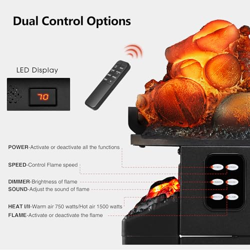 R.W.FLAME Electric Fireplace Log Heater,20" Fireplace Inserts with Crackling Sound,5 Flame Brightness,Heater 750W/1500W,Remote Control&Timer,Overheating Protection for Home and Office Decor R.W.FLAME