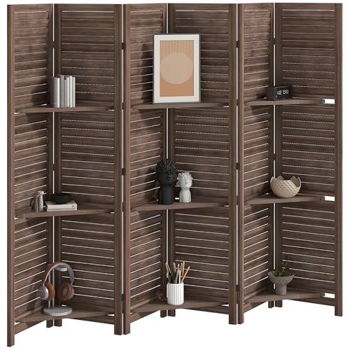 HOMCOM Room Divider, 6 Panel 67" Tall Wood Privacy Screen with 3 Display Shelves, and Folding Storage for Bedroom or Home Office, Walnut HOMCOM