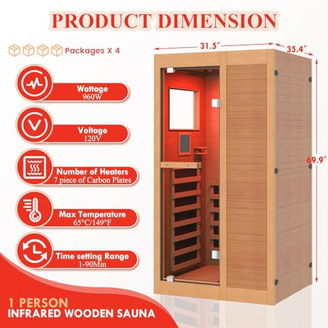 ROCSUMOO Infrared Sauna for 1 Person, Wooden Dry Sauna Room with backrest, 960W/120V Low EMF Indoor Saunas with Control Panel, 7-Color Therapy&Timer, Bluetooth Speakers for Home ROCSUMOO