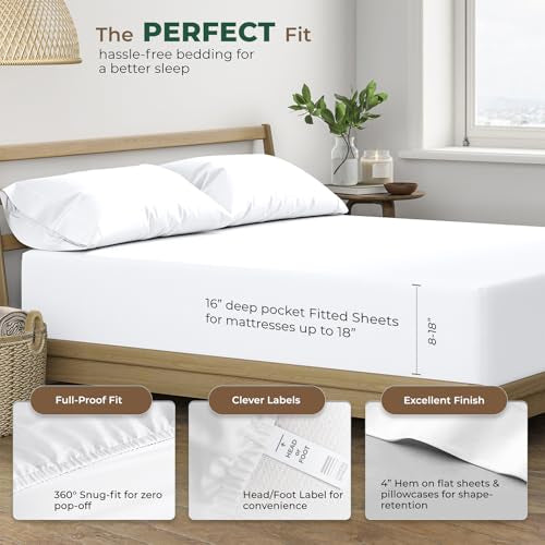 THREAD SPREAD 100% Organic Cotton Sheets - Organic Cotton Percale Weave Sheet Set, Soft, Cooling, Crisp & Breathable, 16" Deep Pocket Hotel Quality Bedding Set - 4 PC, Queen White THREAD SPREAD