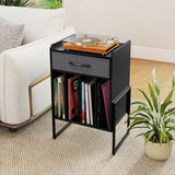 LOKO Record Player Stand, Turntable Stand with Drawer & Record Holder, Vinyl Display Shelf with Metal Frame, Record Storage Table for Living Room, Bedroom, Music Room (Black & Grey) LOKO
