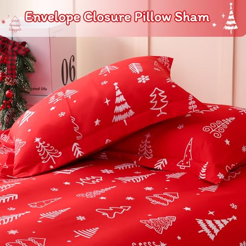 JSD Red Christmas Tree Kids Duvet Cover Set Twin Size, 2 Piece Xmas Comforter Cover with Pillow Sham Zipper Closure, Comforter Not Included JSD