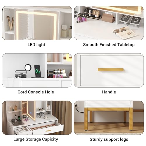IDEALHOUSE Vanity Desk with Mirror and Lights, 42.5" Makeup Vanity Set with Stool, Makeup Table with Mirror Cabinet and Chair, Drawers & Shelves, Dressing Table with Outlet for Bedroom, White IDEALHOUSE