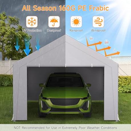 Carport 12x20 ft Heavy Duty, Car Port with Reinforced Steel Frame and 6 Roll-up Windows, Portable Garage with Removable Sidewalls, Water-Proof All-Season Car Canopy for Boat, Truck, Light Grey ONBRILL