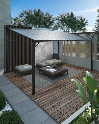 GarveeLife 12' x 14' Lean to Gazebo, Hardtop Wall Pergola with Polycarbonate Roof, Aluminum Frame Mounted Gazebo for Lawn Patio Deck Yard and Party Garveelife