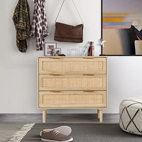 HOPUBUY 3 Drawer Dresser for Bedroom, Rattan Dresser Modern Closet Dressers Chest of Drawers, Wood Oak 3 Drawer Storage Chest for Bedroom, Hallway, Living Room HOPUBUY