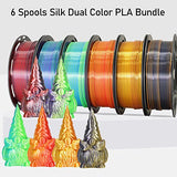 MIKA3D 6 Spools Bicolor Dual Color 1.75mm 3D Printer Filament Bundle, 3D Printing Silk PLA, Silk Black-Red/Purple-Green/Blue-Green/Red-Gold/Gold-Copper/Black-Orange, 3D Printing PLA 250g X 6 Spools