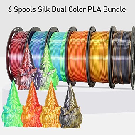 MIKA3D 6 Spools Bicolor Dual Color 1.75mm 3D Printer Filament Bundle, 3D Printing Silk PLA, Silk Black-Red/Purple-Green/Blue-Green/Red-Gold/Gold-Copper/Black-Orange, 3D Printing PLA 250g X 6 Spools MIKA3D