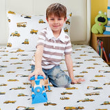 3-Piece Twin Size Bed Sheet Set by Coukouchyi, Soft & Breathable Kids Fitted & Flat Sheet for Boys with Deep Pocket, Construction Cars Cokouchyi