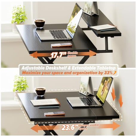 WOHOMO Folding Computer Desk with Adjustable Height, 23.6" x 31.5" x 25.6" Foldable Table with Monitor Stand, Small Office Desk for Bedroom, Space Saving Desk for Home Office, Easy Assemble, Black WOHOMO