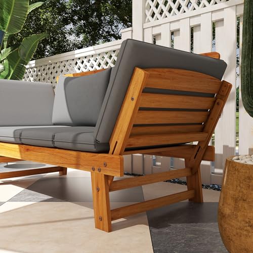 Outsunny Grey Wooden Garden Bench with Cushions and Adjustable Armrests for Outdoor Spaces - WoodArtSupply