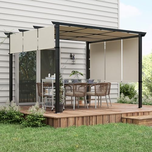 Outsunny 10' x 12' Retractable Pergola Canopy, Metal Pergola Outdoor Sun Shade Shelter for Porch, Patio, Backyard, Deck, Beige Outsunny