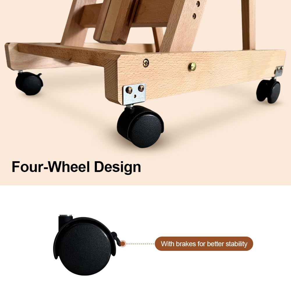 Professional H-Frame Studio Easel, Beech Wood, Height-Adjustable with Wheels, Storage Box, 73-Inch Canvas Capacity (Nature) Generic