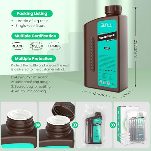 SUNLU Standard 3D Printer Resin Plus, Fast-Curing Photopolymer Resin for LCD/DLP/SLA Printers, 395-405nm UV, Low Shrinkage and High Precision, Grey 1KG