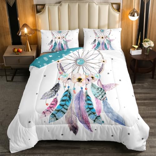 Dream Catcher Comforter Set Twin,Boho Chic Dreamcatcher Feather Bedding Set Watercolor Bohemian Flower Quilt Comforter For Kids Girls Teen Women,Native American Indian Duvet Set 2 Pcs Teal White Erosebridal